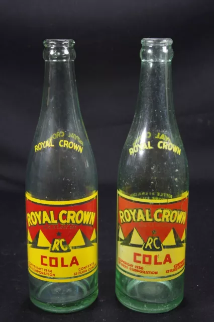 2 VTG Royal Crown Cola Soda Pop Bottles Copyright 1936 Nehi 12 oz Grand Rapids