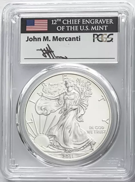 2011 W Burnished Silver Eagle With W Mint Mark Pcgs Sp70/Ms70 John Mercanti Flag