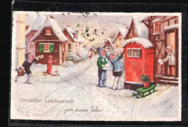 AK Neujahr Glückwunsch, Künstler, Häuser Schnee Kinder Briefkasten Kleinformat