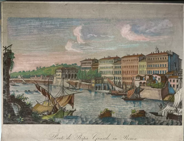 Porto di Ripa Grande   ROMA acquaforte originale Attilio Zuccagni Orlandini 1845