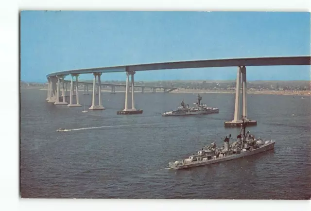 Vintage Postcard Aerial view of the San Diego CA Coronado Bridge w/ Navy Ships