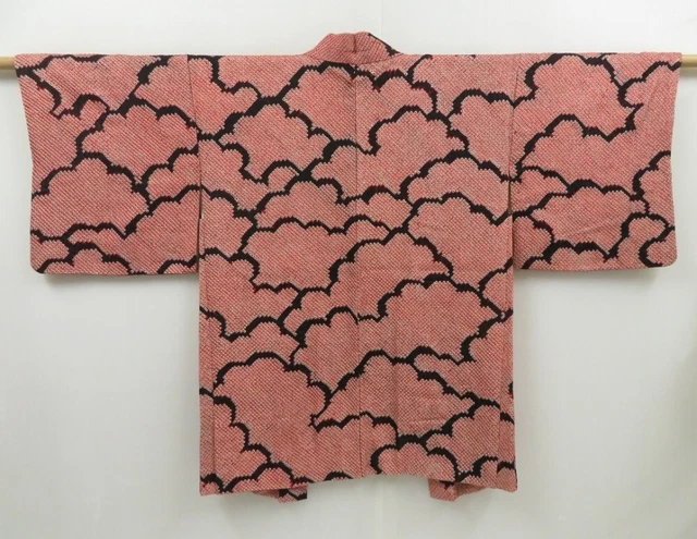 2414T03z560  Japanese Kimono Silk SHIBORI HAORI Cloud Orange-Red