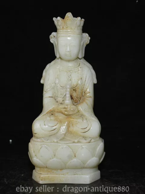 9.2" Old Chinese white jade carving Guan Yin Boddhisattva Avalokitesvara statue