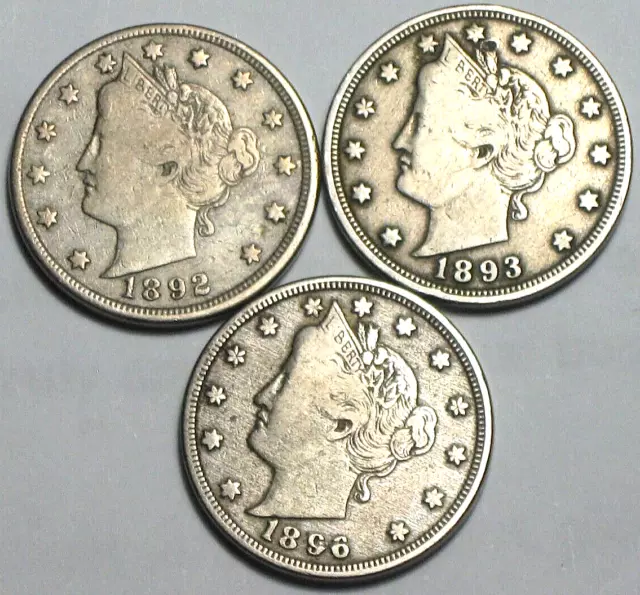 1892, 1893, 1896 Liberty Nickels Aka V-Nickel Full Libertys