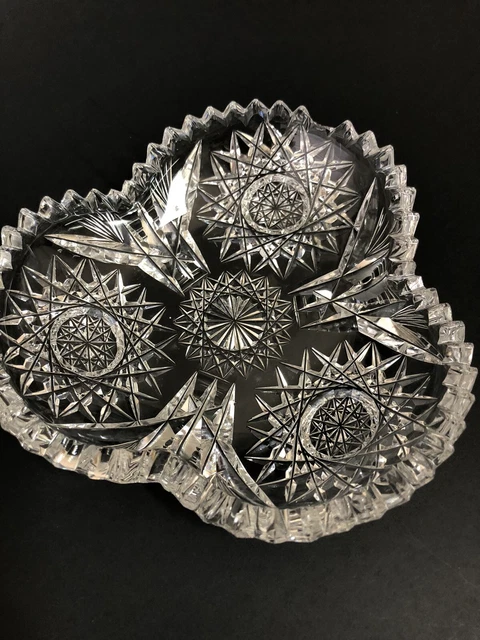American Brilliant Period Cut Glass Low Clover Bowl Dish ABP Hobstar Sawtooth