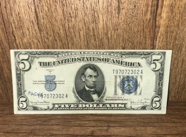 1934-D Five Dollar Bill $5 Blue Seal Silver Certificate - Old U.S. Currency