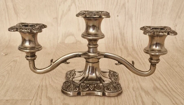 Vintage Silver Metal Candelabra Candle short Stick Holder 3-sconce Vine Embossed