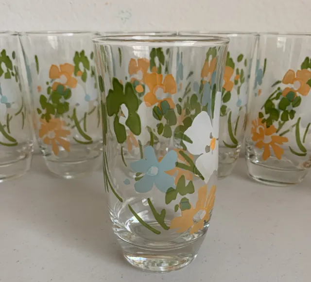 9 Glass Tumblers 5 1/4” Weighted Bottoms Gay Fad MCM BEAUTIFUL COLORED FLOWERS