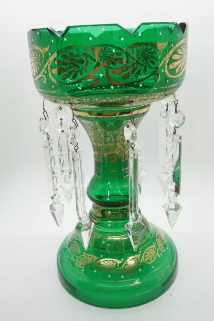 Stunning Antique/Vintage Green Glass Mantle Luster w/Prisms & Gold Gilt