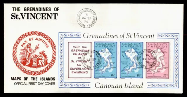 DR WHO 1976 ST VINCENT FDC ISLAND MAPAS S/S CANOUAN k01373