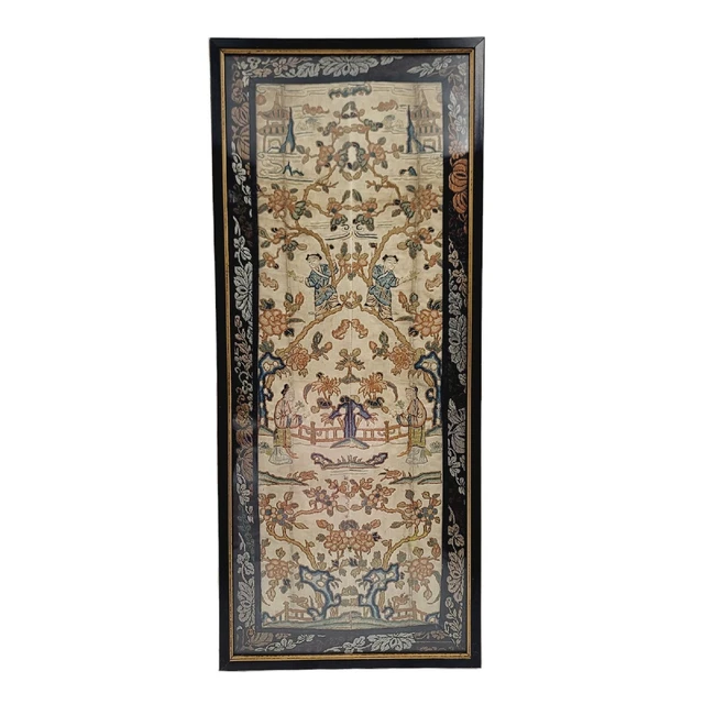 Chinese Framed Silk Fine Embroidery Panel Vintage Sleave 24' Tall 9 3/4" Wide