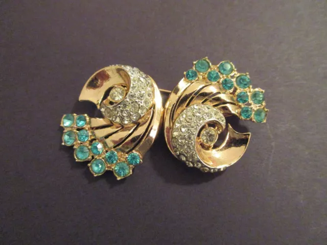 vintage signed CORO DUETTE -- ART DECO AQUA RHINESTONE BROOCH PIN -- Adolph Katz