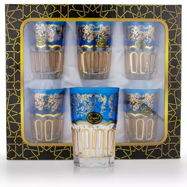 6 Premium Orientalische Marokkanische Teegläser Gold Blau