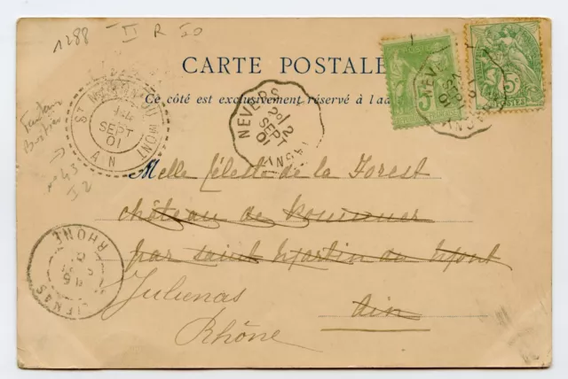 CARTE POSTALE NANCY CAD 1901 perlé + ambulant SAGE 5C + BLANC 5C à JULIENAS