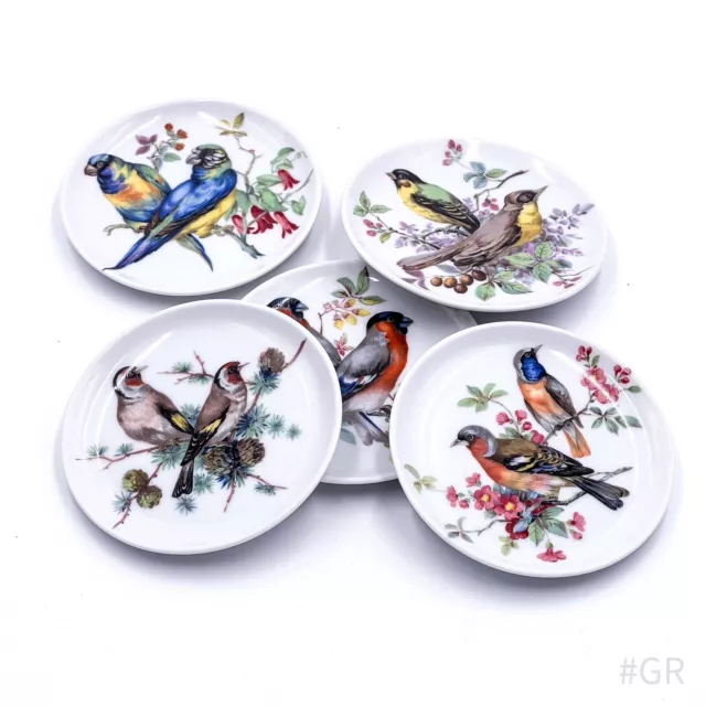 5x Vintage Royal KPM Bavaria Coasters with Bird Motifs Handmade Germany