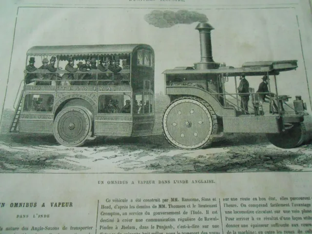 Gravure 1871 - Omnibus à Vapeur dans l'Inde Anglaise