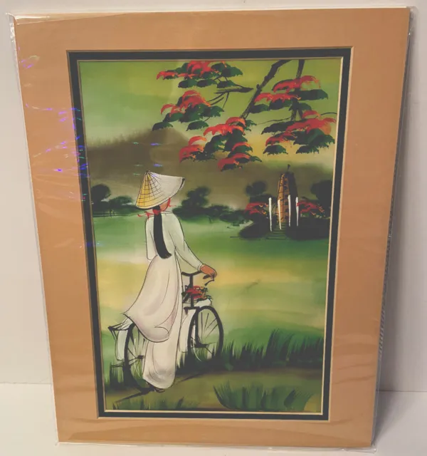 Chinese Original Watercolor On Silk Woman On Bicycle Painting Matted 11x14