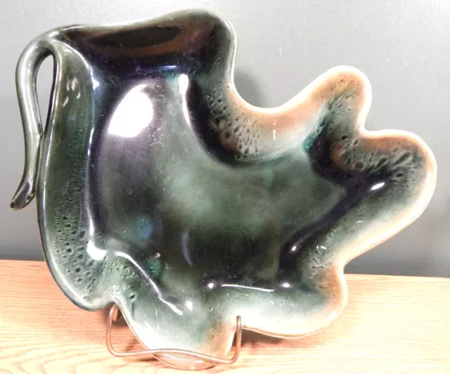 Vintage Original Large Hull Green Brown Drip Glaze Leaf Shaped Dish