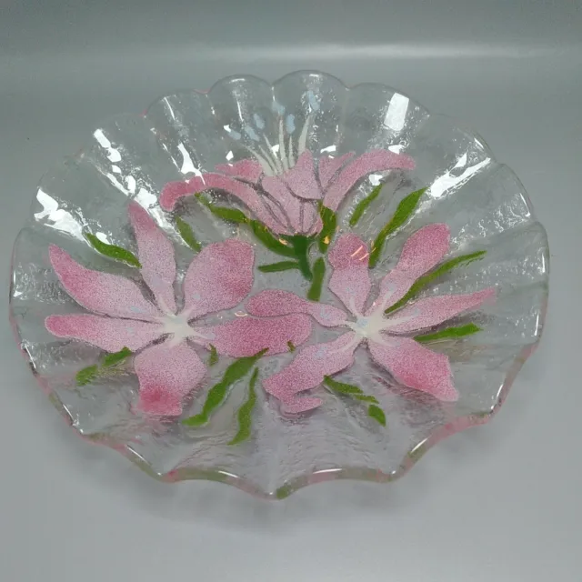 8" Fused Art Glass Dish/Bowl Clear with Pink Flowers Ruffled Edges