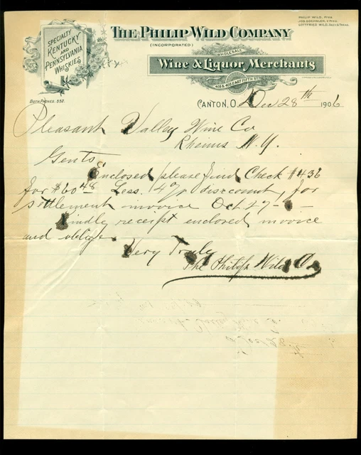 1906 Philip Wild Kentucky & Pa Whiskey & 1890 Hotel Canton Oh Letterhead Set