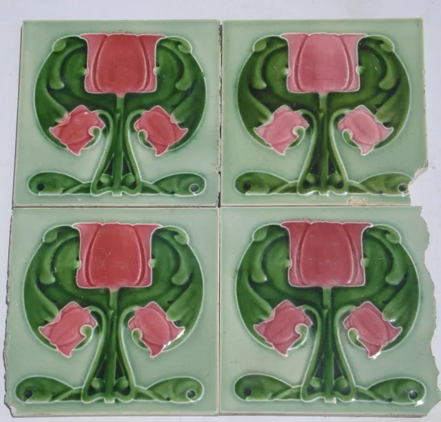Art Nouveau ceramic lot of 4 coral pink  majolica tiles exquisite for framing