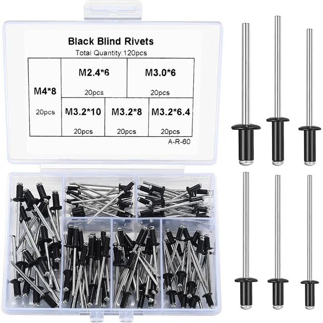 120Pcs Black Blind Rivets 6 Sizes Pull Rivets  Deep Water Installing Boat