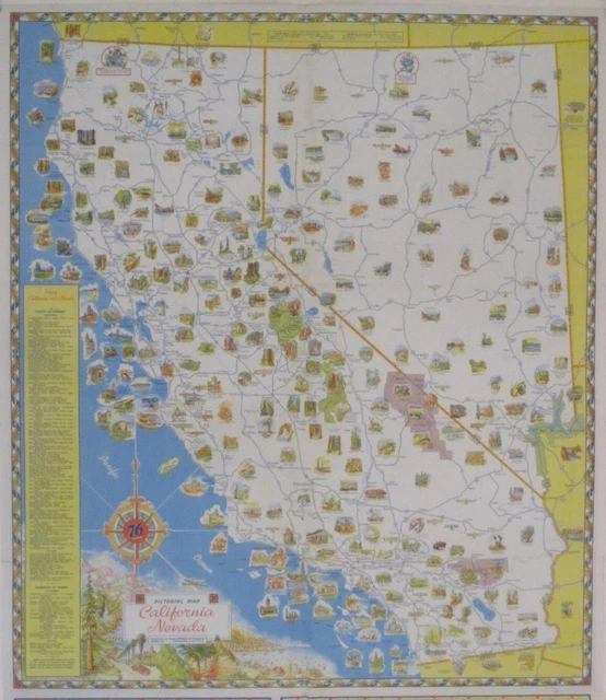 Vintage CALIFORNIA NEVADA Colorful Pictorial Road Map 1950 UNION OIL COMPANY