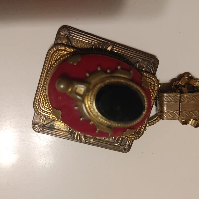Antique Victorian Etruscan Revival Gold Tone Enamel Locket Pendant Necklace