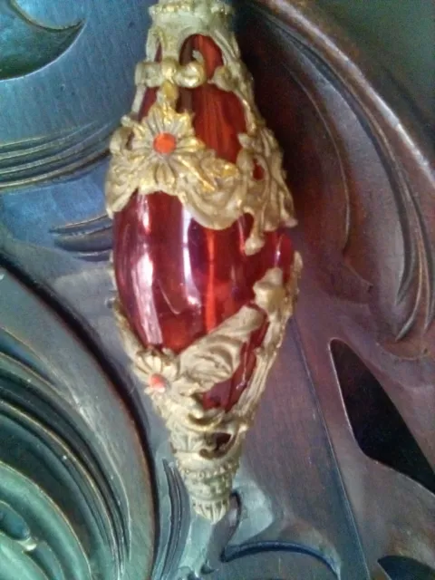 Red & Gold Tone 💎 Gem Jeweled Filigree Durable  Teardrop VTG Christmas Ornament