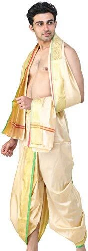 Exotic India Ready to Wear Dhoti and Angavastram Set with Woven Golden Leaves