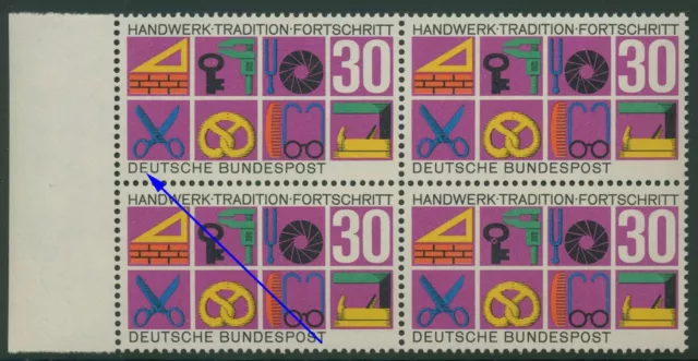 Bund 1968 Handwerk mit Plattenfehler 553 f 11 4er-Block postfrisch
