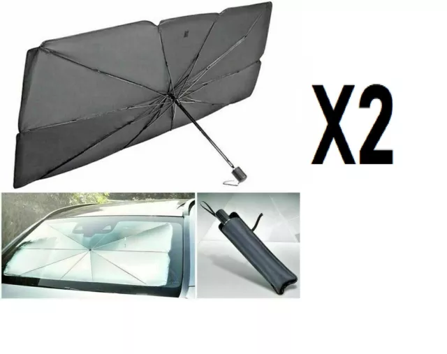 2X PARASOLE Per AUTO PARABREZZA ANTERIORE PIEGHEVOLE 140X76 ombrello PORTATILE