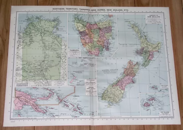 1940 Original Vintage Wwii Map Of New Zealand Tasmania Australia Northern Terr.