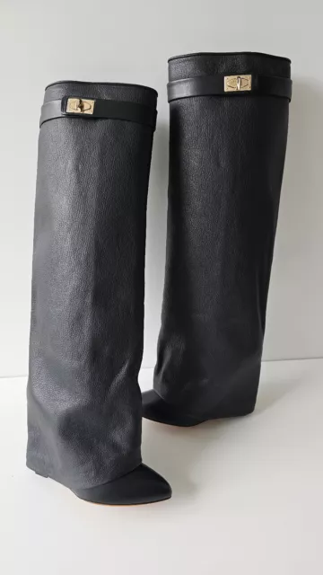 Givenchy Shark Lock Knee High Black Leather Boots 39