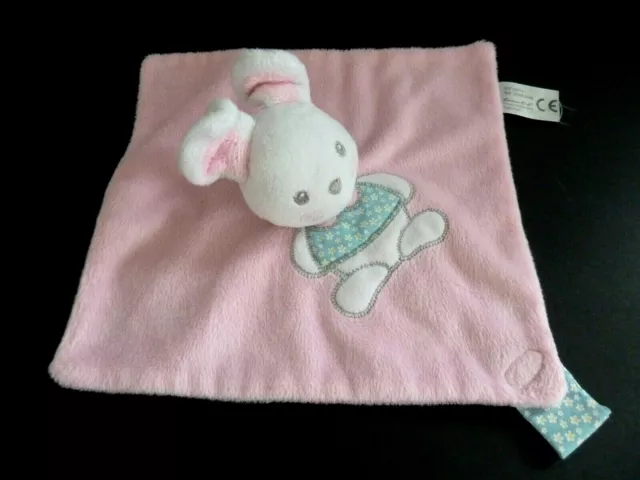 Z9. Doudou Plat Cartoon Club Lapin Rose Blanc Bleu Attache Tetine - Etat Neuf *
