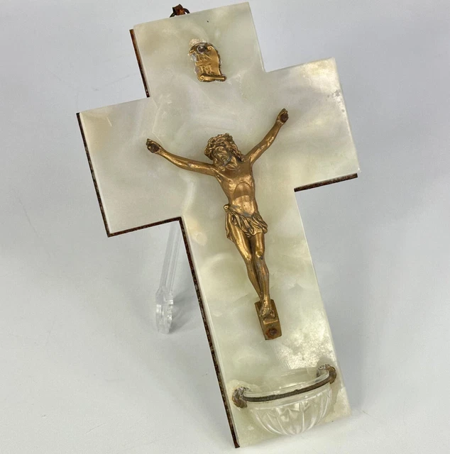 VINTAGE FRENCH RELIGIOUS White Marble Cross With Jesus Figure & Holy ...