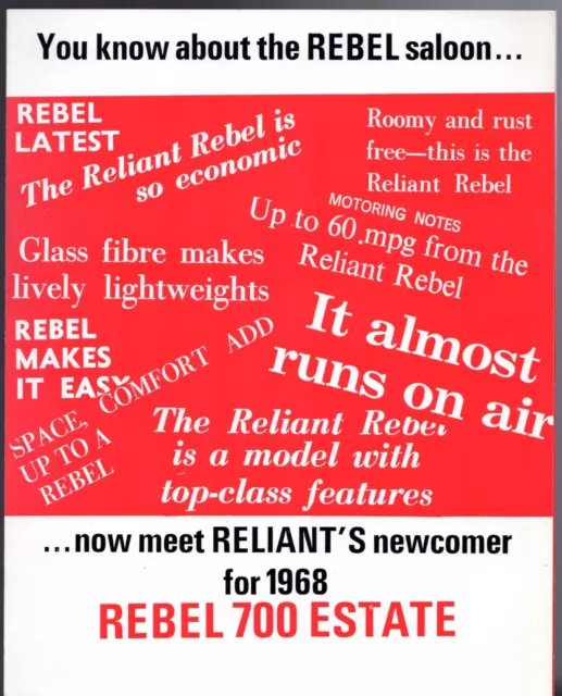 Reliant Rebel 700 1967-68 UK Market Foldout Sales Brochure Saloon Estate