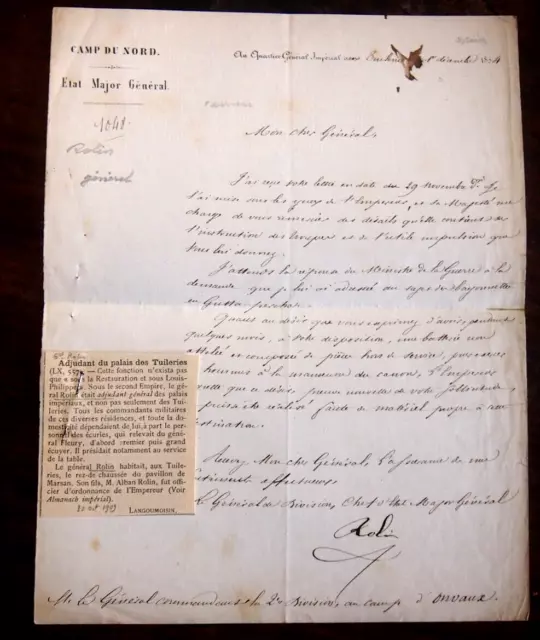 lettre du general d'empire  ROLIN  officier bonapartiste de 1812 à sa mort 1869