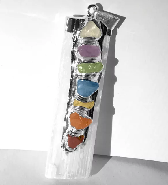 Selenite 7 Chakra Crystal Pendant CHARGED Sterling Silver Necklace HANDMADE