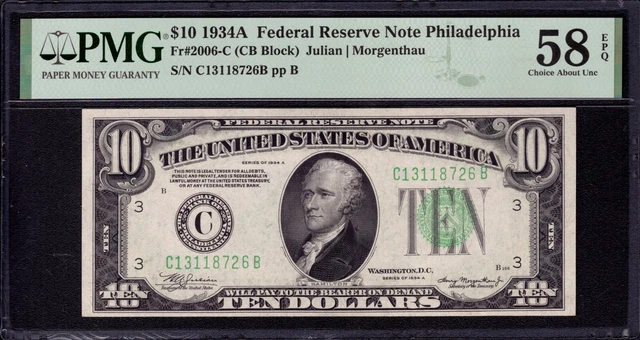 1934 A $10 Federal Reserve Note Philadelphia Fr.2006-C Cb Block Pmg Ch Au 58 Epq