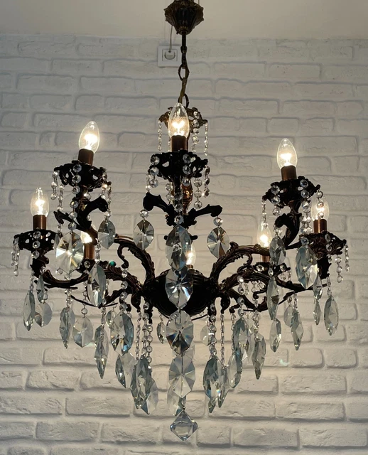 Antik Vintage 8 Arme Gussmessing & Kristalle schöne Kronleuchter Deckenlampe