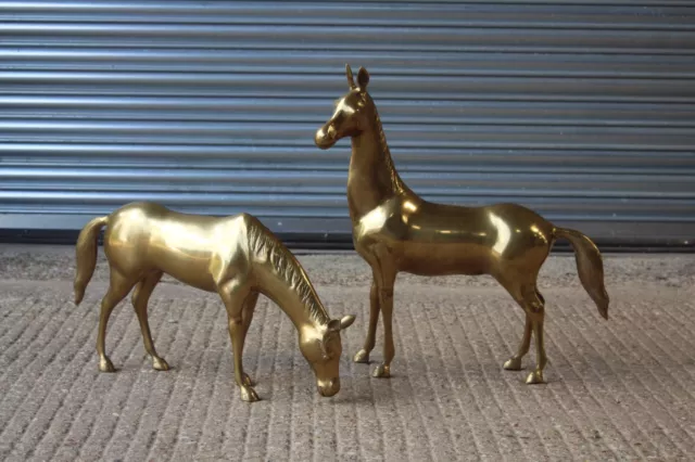 Pair of Large Vintage Solid Brass Bronze Standing Horses Ornaments Statues