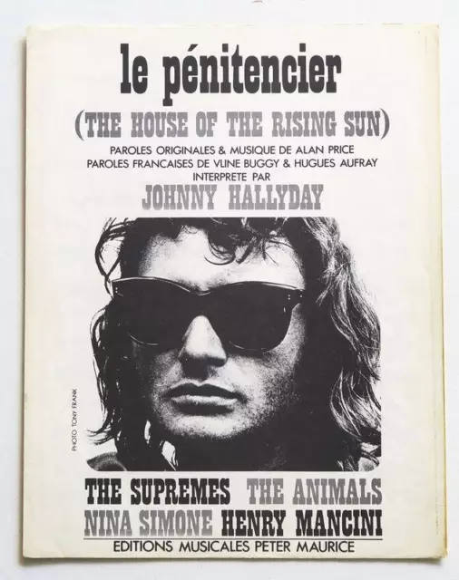 Partition vintage sheet music JOHNNY HALLYDAY : Le Pénitencier * 60's Animals