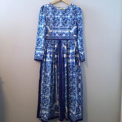 NWT Vicky and Lucas Dress Blue White Floral Print Fully Lined Tea Party Sz M