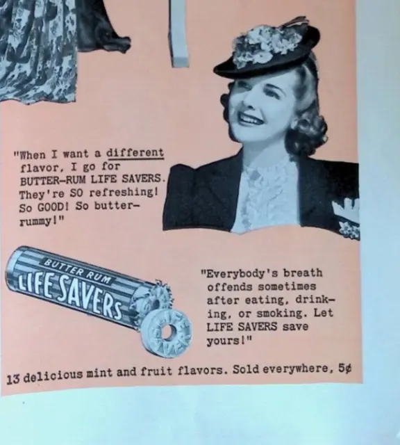 Life Savers Butter Rum Candy Pretty Lady Original 1939 Print Ad 5.25x13.75"
