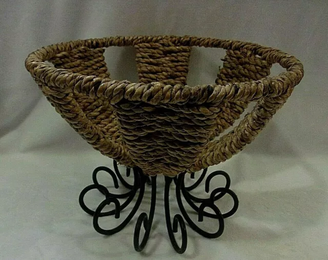 BRAIDED ROPE and CURLY-Q WROUGHT IRON FRUIT BASKET / DECORATIVE BASKET - NICE!!
