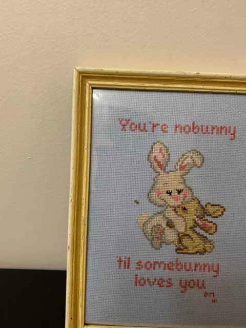 Cross stitch completed framed bunny somebunny loves you 7x9 1981 2