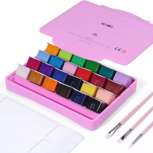 HIMI Gouache Paint Set, 24 Colors X 30Ml Unique Jelly Cup Design with 3 Paint Br