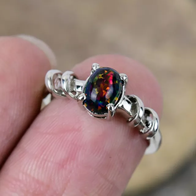 Genuine Black Fire Opal Ring, Solid 925 Sterling Silver Engagement Ring, Antique