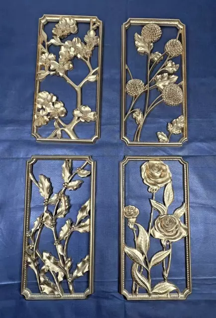 Vintage Syroco Four Seasons Flowers Gold Complete Set of 4 Wall Plaques 6"x12"